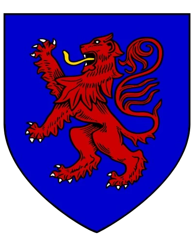 Escudo: en campo de azur, un león rampante de gules, lampasado de oro